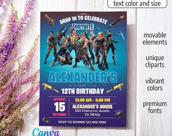 Printable birthday invitation, Boy Gamer invitation, editable invite template, video game party, tennager boy birthday, instant download