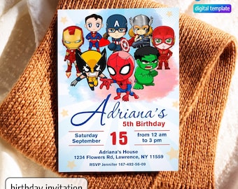Printable Boy Birthday Invite, super hero Editable party Invitation, spiderman, hulk, captain america Invite template, avengers invitation
