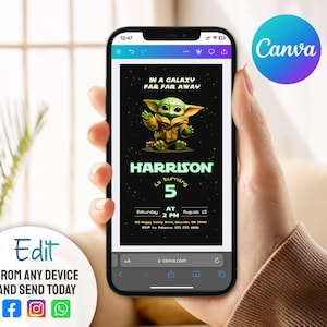 May include: A smartphone displays a birthday invitation with a green alien character and the text "In a Galaxy Far Far Away." The invitation is for Harrison's 5th birthday. The Canva logo is visible.