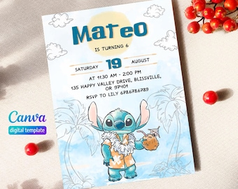 Printable Editable Stitch Invitation, girl birthday, Lilo and Stitch Birthday Invite, Stitch Party Invite template, boy bday