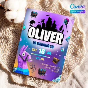 May include: A digital birthday party invitation with a purple and blue gradient background. The invitation features the name "OLIVER" in large white letters, along with the text "IS TURNING 10" and party details. A llama and game-themed graphics are also included.