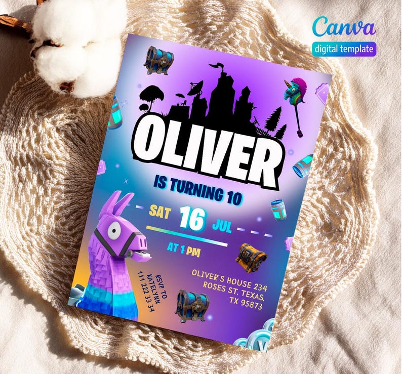 May include: A digital birthday party invitation with a purple and blue gradient background. The invitation features the name "OLIVER" in large white letters, along with the text "IS TURNING 10" and party details. A llama and game-themed graphics are also included.