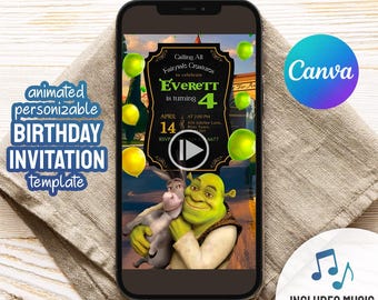 Shrek birthday invitation, animated Shrek invitation, Fiona Party invite template, mobile video editable invitation, boy girl birthday