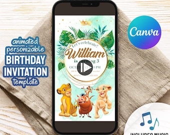 Simba animated birthday invitation template, Lion King Birthday invite, Safari Boy Birthday, Hakuna Matata Party, bday video invitation