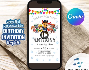 Animated Paw-ty editable invitation, Puppies Birthday boy girl, Puppy Party, instant download, Paw Kids Birthday video invite template