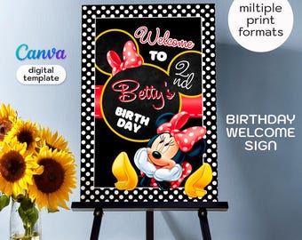 Minnie Mouse stampabile per bambina, poster di compleanno, modello di cartello di benvenuto per compleanno di Topolino, festa di Minnie e Topolino