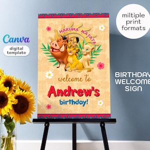 May include: A birthday welcome sign featuring characters from The Lion King, with the words "Hakuna Matata" and "Andrew's birthday!" printed on a light brown background. The sign is displayed on a black easel.