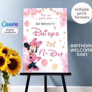Minnie mouse Printable Girl Birthday welcome in, birthday poster, mouse Birthday welcome sign template, minnie mickey party
