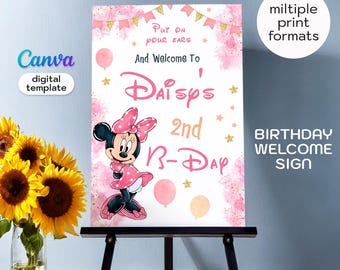 Minnie Mouse stampabile per bambina, poster di compleanno, modello di cartello di benvenuto per compleanno di Topolino, festa di Minnie e Topolino