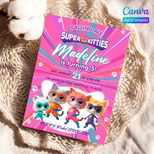 SuperKitties invitation, Kitten Invitation Cute invite, SuperKitty Birthday Party invite template, printable editable Super Kitties invite