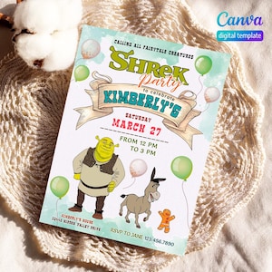 Shrek Birthday invitation, boy girl birthday, printable Shrek Invitation, Editable Invitation, Fiona Party Invite Template