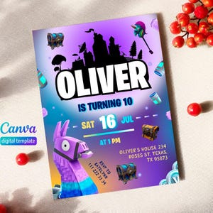 May include: A digital invitation with a purple and blue gradient background. The invitation features the name "OLIVER" in large white letters, along with details for a birthday party, including the date, time, and location. Graphics of a llama, treasure chests, and other game-related elements are included.