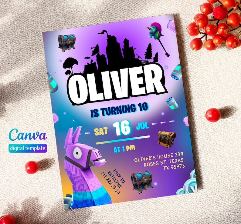 May include: A digital invitation with a purple and blue gradient background. The invitation features the name "OLIVER" in large white letters, along with details for a birthday party, including the date, time, and location. Graphics of a llama, treasure chests, and other game-related elements are included.
