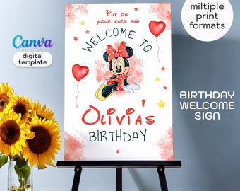 Minnie Mouse stampabile per bambina, poster di compleanno, modello di cartello di benvenuto per compleanno di Topolino, festa di Minnie e Topolino
