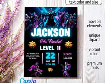 Printable birthday invitation, Boy Gamer invitation, editable invite template, video game party, tennager boy birthday, instant download