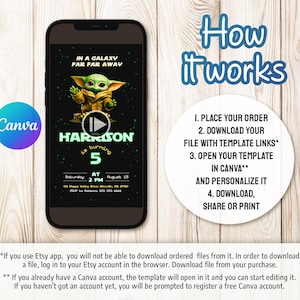 May include: A smartphone displays a digital invitation with a Star Wars theme. The invitation features a green and yellow character, the text "HARRISON is turning 5", and event details. The Canva logo is visible.