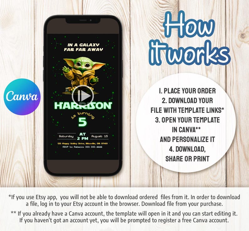 May include: A smartphone displays a digital invitation with a Star Wars theme. The invitation features a green and yellow character, the text "HARRISON is turning 5", and event details. The Canva logo is visible.