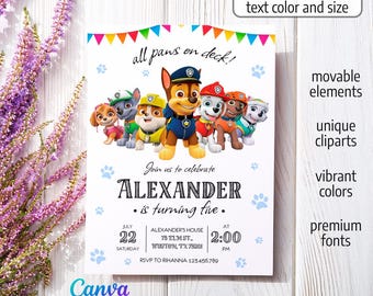 Invitación editable imprimible de Paw-ty, invitación de cumpleaños de cachorros para niño y niña, fiesta de cachorros, descarga instantánea, plantilla de invitación de cumpleaños de Paw Kids
