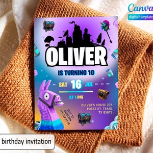 May include: A birthday invitation with a purple and blue gradient background. The invitation features the name "OLIVER" in large white letters, along with the date and time of the party. Decorative elements include game-themed graphics and a llama pi&ntilde;ata.