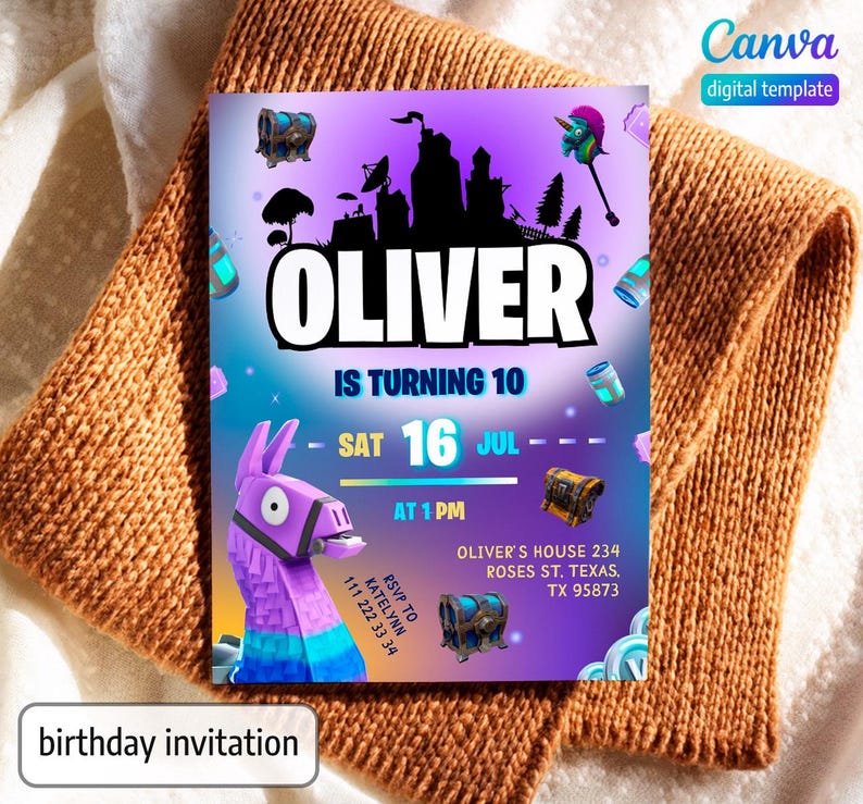 May include: A birthday invitation with a purple and blue gradient background. The invitation features the name "OLIVER" in large white letters, along with the date and time of the party. Decorative elements include game-themed graphics and a llama pi&ntilde;ata.