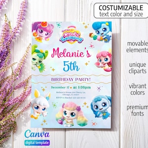 May include: A digital birthday party invitation template featuring the Secret Catch! Teenieping logo, colorful cartoon characters, and customizable text including Melanie's 5th Birthday Party, December 17 at 1:30pm, and address details on a light blue background.
