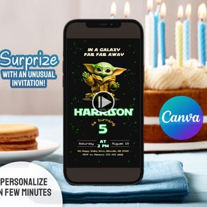 May include: A smartphone displays a birthday invitation featuring a green alien character, the text "In a galaxy far far away," and the name "Harrison." The invitation includes the date, time, and location. A birthday cake with lit candles is in the background.