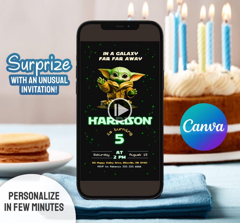 May include: A smartphone displays a birthday invitation featuring a green alien character, the text "In a galaxy far far away," and the name "Harrison." The invitation includes the date, time, and location. A birthday cake with lit candles is in the background.
