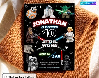 May include: A black and white birthday invitation with a Star Wars theme. The invitation features a Lego character of Darth Vader, a Lego character of Chewbacca, a Lego character of Luke Skywalker, a Lego character of Yoda, a Lego character of R2-D2, and a Lego character of BB-8. The invitation also features the text "Jonathan is turning 10" and "Star Wars".
