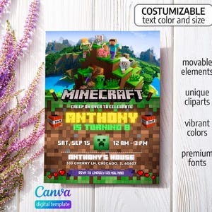 May include: A Minecraft-themed digital birthday invitation template featuring pixelated characters, a landscape background, and customizable text including the name Anthony, age 8, date, time, and location details, all set against a blocky dirt texture.