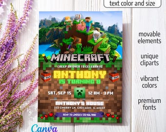 Invitation d'anniversaire Pixel Craft, Venez nous rejoindre, c'est l'heure de faire la fête ! Modèle de fête d'enfants sur le thème des jeux de construction