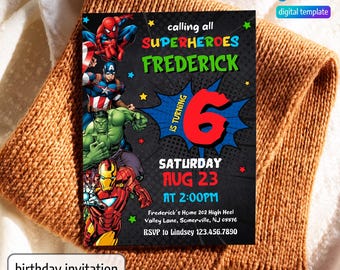 Printable Boy Birthday Invite, super hero Editable party Invitation, spiderman, hulk, captain america Invite template, avengers invitation