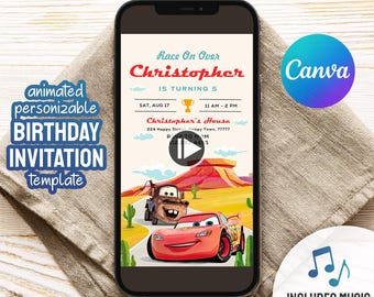 Cars invitation, Lightning McQueen invite, animated birthday party invitation, Racing birthday video invitation template