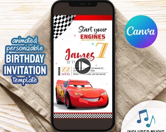 Cars invitation, Lightning McQueen invite, animated birthday party invitation, Racing birthday video invitation template