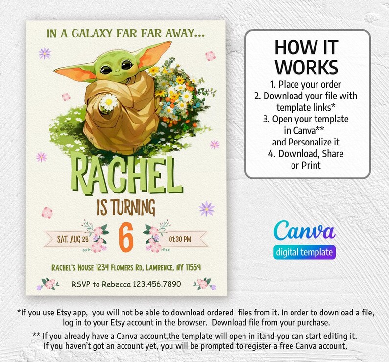 May include: A digital invitation featuring a green Baby Yoda character holding a flower. The invitation is for a birthday party for Rachel, who is turning six. The party is on Saturday, August 25th at 1:30 PM. The address is Rachel's House 1234 Flowers Rd, Lawrence, NY 11559. RSVP to Rebecca at 123.456.7890. The invitation also includes instructions on how to download and personalize the template in Canva.