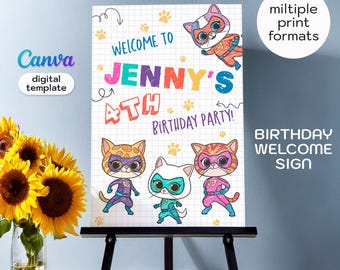 SuperKitties welcome sign template, printable birthday party Super Kitties welcome in poster, boy birthday, Kitten b-day decoration template