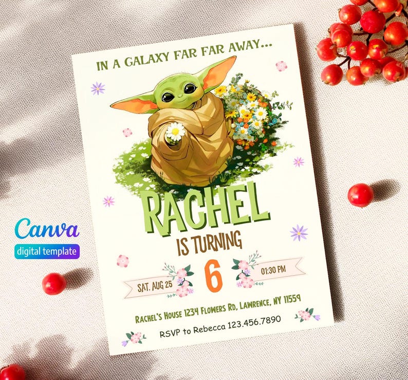 May include: A printable invitation for a 6th birthday party featuring a cartoon image of a green alien character holding flowers. The text on the invitation reads "In a galaxy far far away... Rachel is turning 6. Sat. Aug 25 01:30 PM Rachel's House 1234 Flowers Rd, Lawrence, NY 11559 RSVP to Rebecca 123.456.7890"