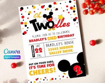 Editable Printable Clubhouse Birthday Invitation, mouse party Invite, 2nd second birthday boy, twodless Invite, Mickey two Invitation