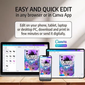 May include: A laptop, tablet, and smartphone display a birthday invitation template with the name "Oliver" and the text "IS TURNING 10". The invitation features a llama graphic and the Canva logo. Text reads "EASY AND QUICK EDIT".