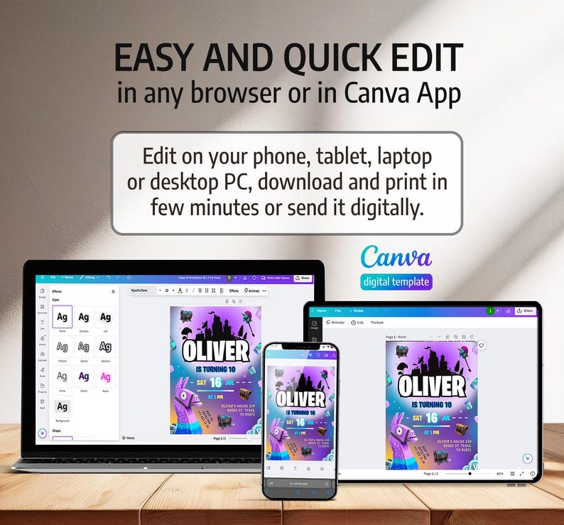 May include: A laptop, tablet, and smartphone display a birthday invitation template with the name "Oliver" and the text "IS TURNING 10". The invitation features a llama graphic and the Canva logo. Text reads "EASY AND QUICK EDIT".