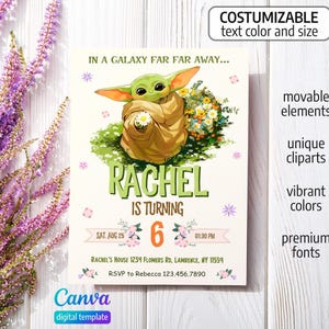 May include: A printable invitation for a child's birthday party featuring a cartoon character from the Star Wars franchise. The invitation is decorated with flowers and has the text "In a galaxy far far away... Rachel is turning 6".