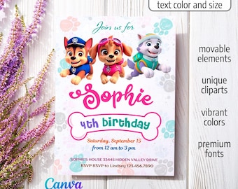Printable Paw-ty editable invitation, Puppies Birthday invite boy girl, Puppy Party, instant download, Paw Kids Birthday invite template