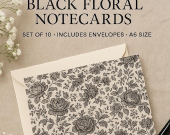 Vintage Black Floral Notecards: Elegant A6 Stationery Set (Pack of 10)