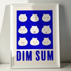 Affiche amusante de bao de dim sum blanc cassé et bleu, affiche d&#39;illustration d&#39;art mural de cuisine asiatique imprimée pour la maison ou le bureau