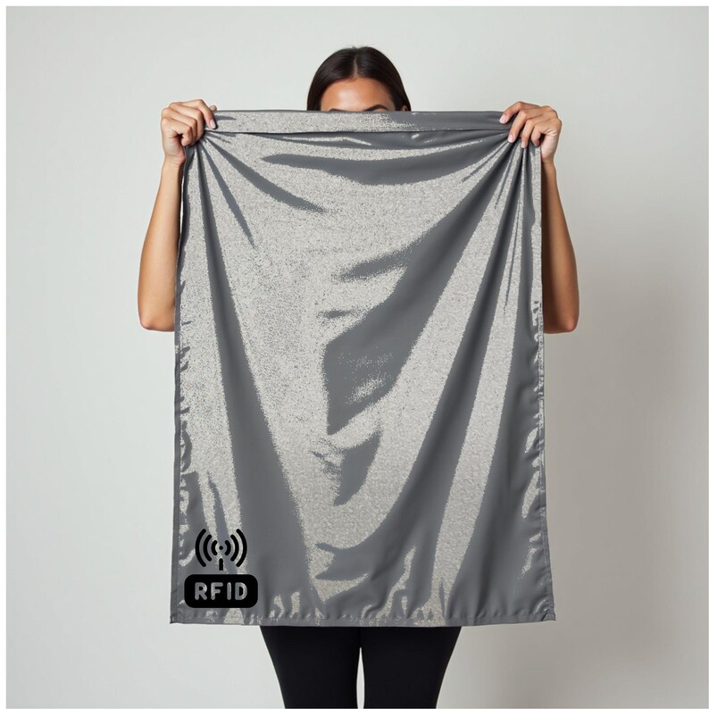 Peut inclure: Un textile gris rectangulaire avec une finition chatoyante semblable &agrave; du satin est tenu par une personne. Le textile porte une &eacute;tiquette RFID dans le coin inf&eacute;rieur gauche. Le fond est blanc uni.