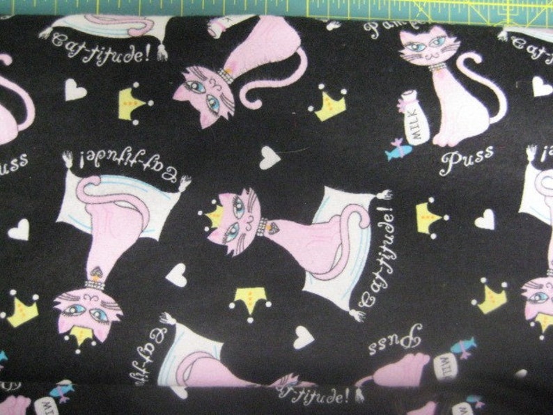 Cattitude Pink Cat Flannel Fabric Cat Fabric Quilter Etsy Hong Kong