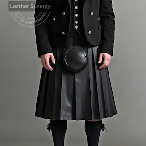 Handmade Black Leather Pleated Kilt | Men's Leather Kilt | Black Leather Skirt | Leather Utility Kilt | Gothic Leather Kilt