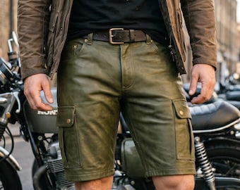 Ręcznie robione męskie skórzane szorty cargo, oliwkowozielone skórzane szorty do kolan, skórzane szorty z wieloma kieszeniami, szorty motocyklowe, męskie