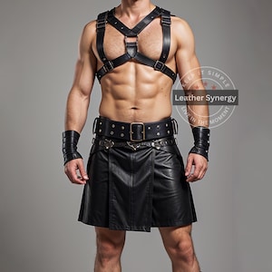 Black Leather Gladiator Kilt & Harness for Men | Custom Fit Leather Gear | Stylish Durable Gladiator Outfit | Perfect for Cosplay Bikers