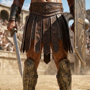 Könnte beinhalten: Ein Gladiatorenkostüm bestehend aus einem braunen Lederrock mit vertikalen Bahnen, einem breiten passenden Gürtel, dunklen Metall-Armschienen und passenden Beinschienen. Das Outfit umfasst ein silberfarbenes Schwert und einen großen Schild.
