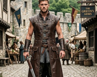 Gilet tunica da uomo in pelle marrone fatto a mano, lungo, da guerriero medievale, senza maniche, costume fantasy per cosplay, cappotto in pelle gotica